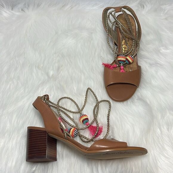 Sam Edelman Shani Tan Leather Lace Up Heels Sz 8 - Picture 2 of 7